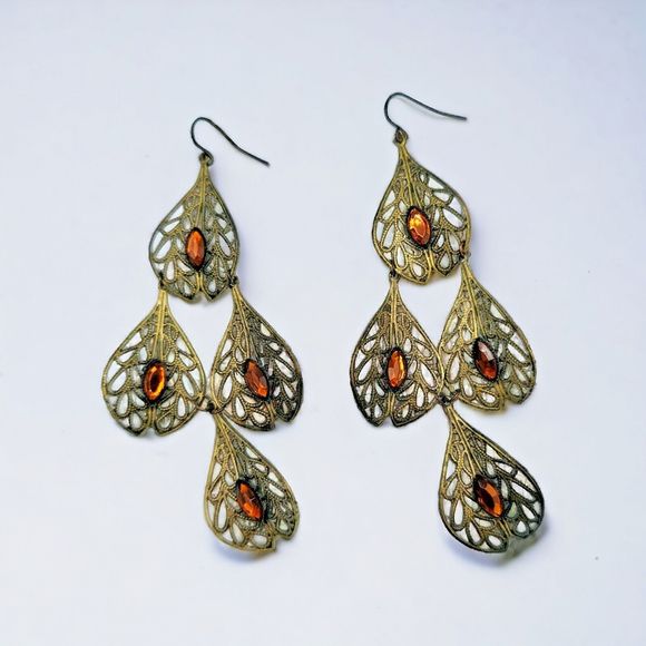 Filigree Leaf Earrings Vintage Long Chandelier Brown Marquise Gem Dangle Drop - Picture 3 of 8